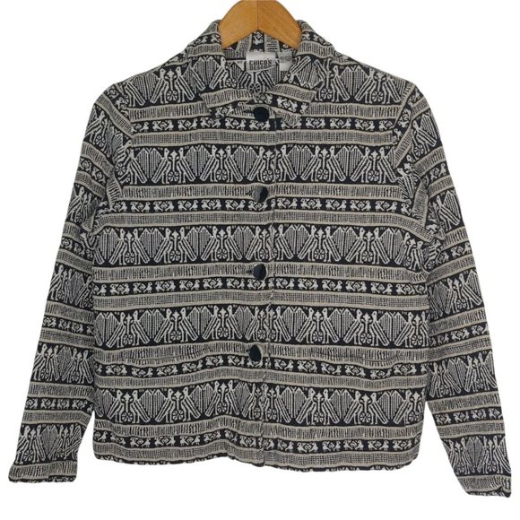 Chicos Woman Size 1 US 8 Woven Bird Jacket Blazer Black White Button Up Tribal - Picture 1 of 10